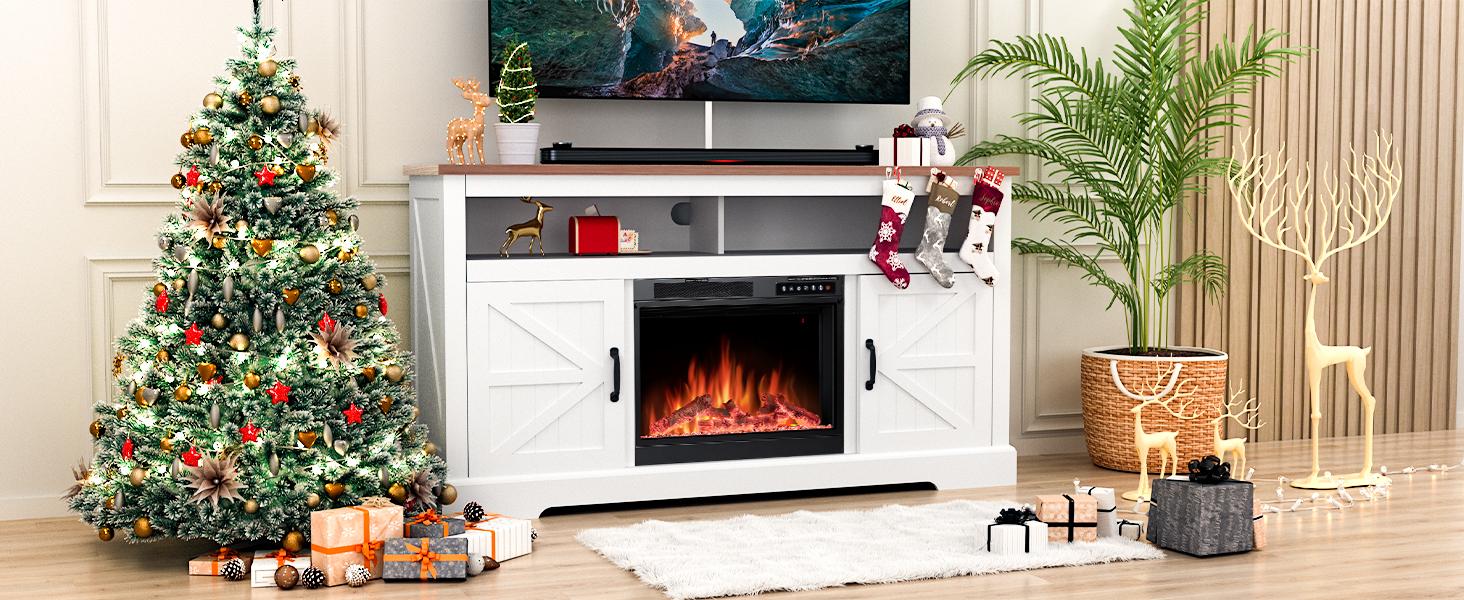 COWSAR Electric Fireplace TV Stand for TVs up to 70", Free Standing 23'' Fireplace Heater with Remote Control, Modern Farmhouse Entertainment Stand for Living Room