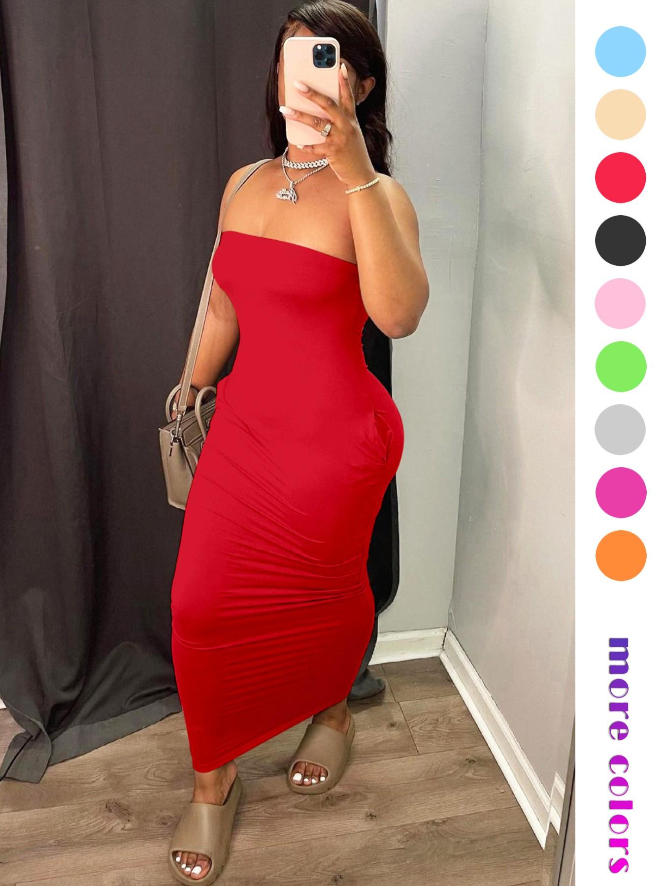 Women's 2026 Summer Tube Top Bodycon Maxi Dress, Sleeveless Ruched Backless Long Dress with Pockets, Stretchy Casual Going Out Vacation Party Dress for Women, Multiple Colors Available