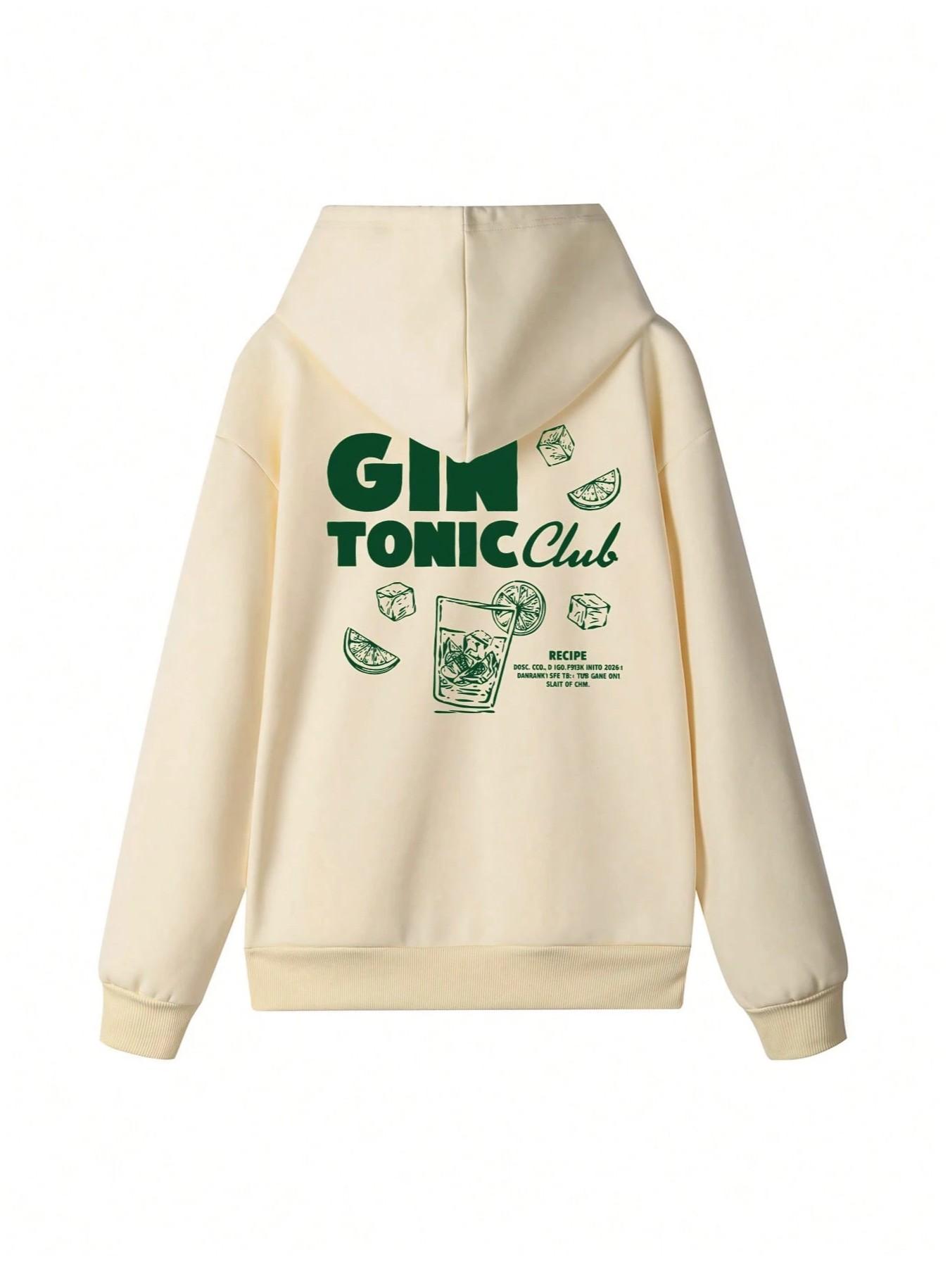 Vintage American Gold Tonic Cocktail Print Hoodie with Letter and Lime Ice Handdrawn Design, Soft Thick Fleece, Loose Fit Casual Sweatshirt for Trendy Daywear and Casual Outings