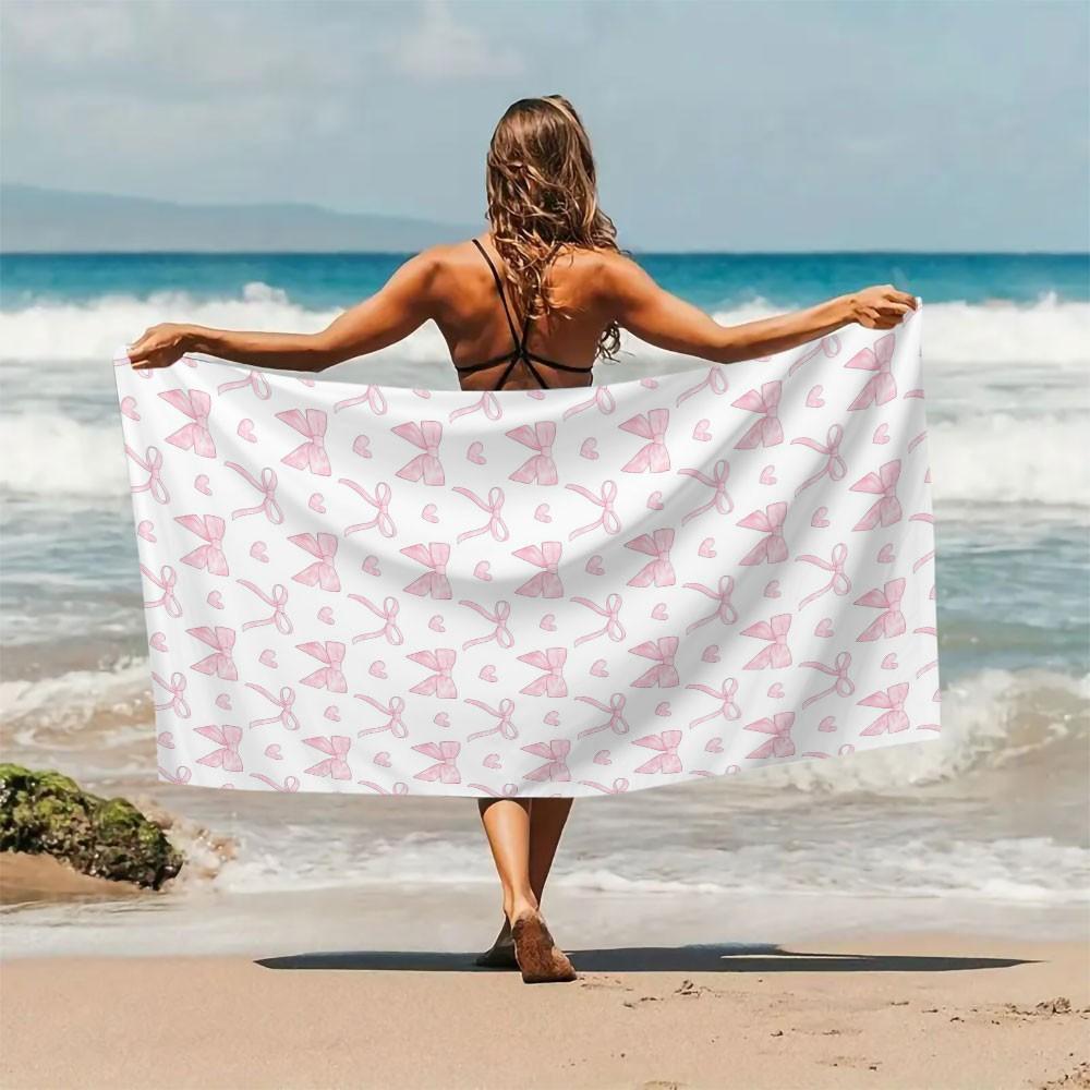 Large-size bath towel with pink bow and heart print, quick-drying absorbent towel for seaside vacations, portable travel beach towel, sand-proof large travel shawl, suitable for sports, swimming, pool activities and yoga beach towels