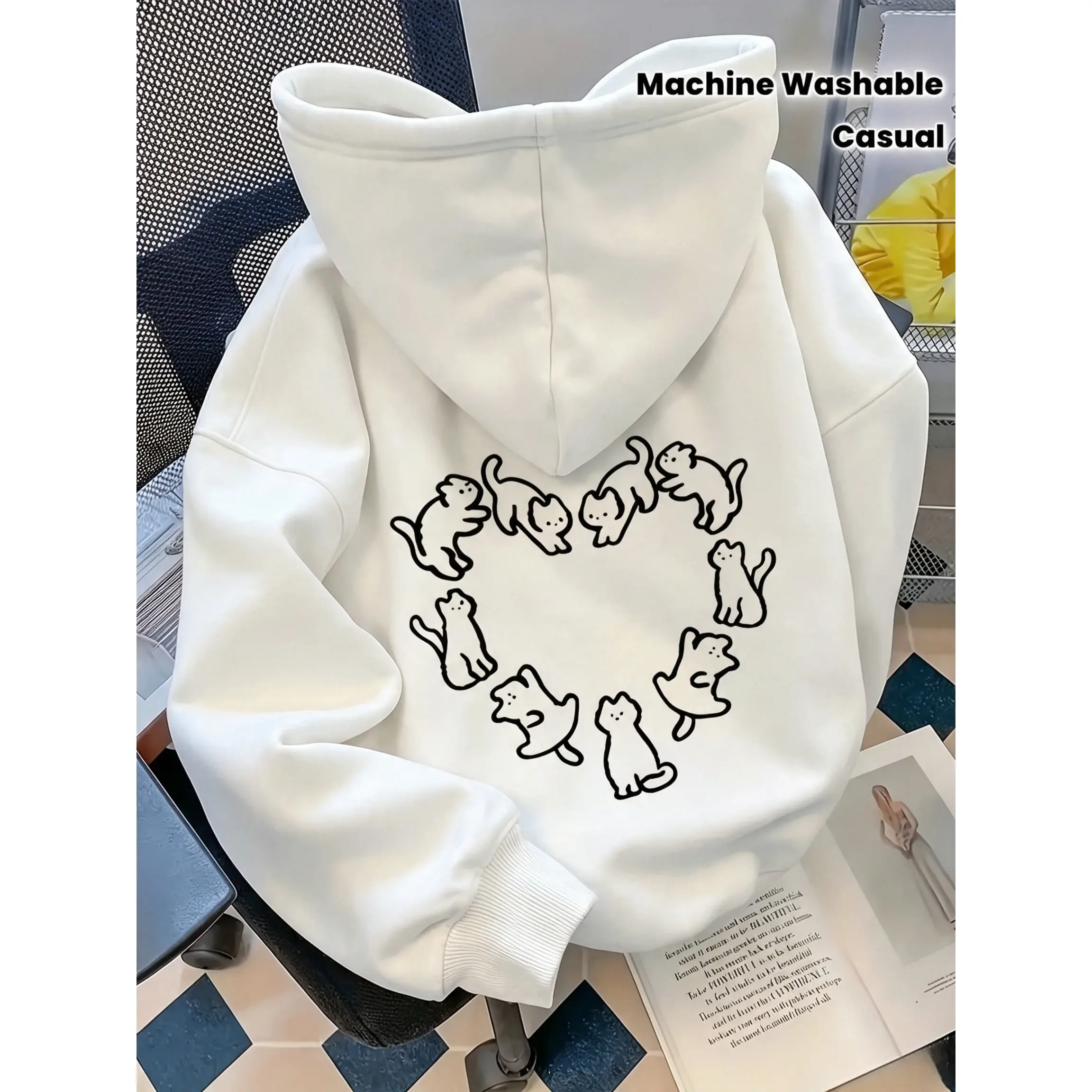 Aesthetic Kitten Heart Circle Graphic Hoodie, 100% Cotton Loose Drop‑Shoulder Unisex Hoodie