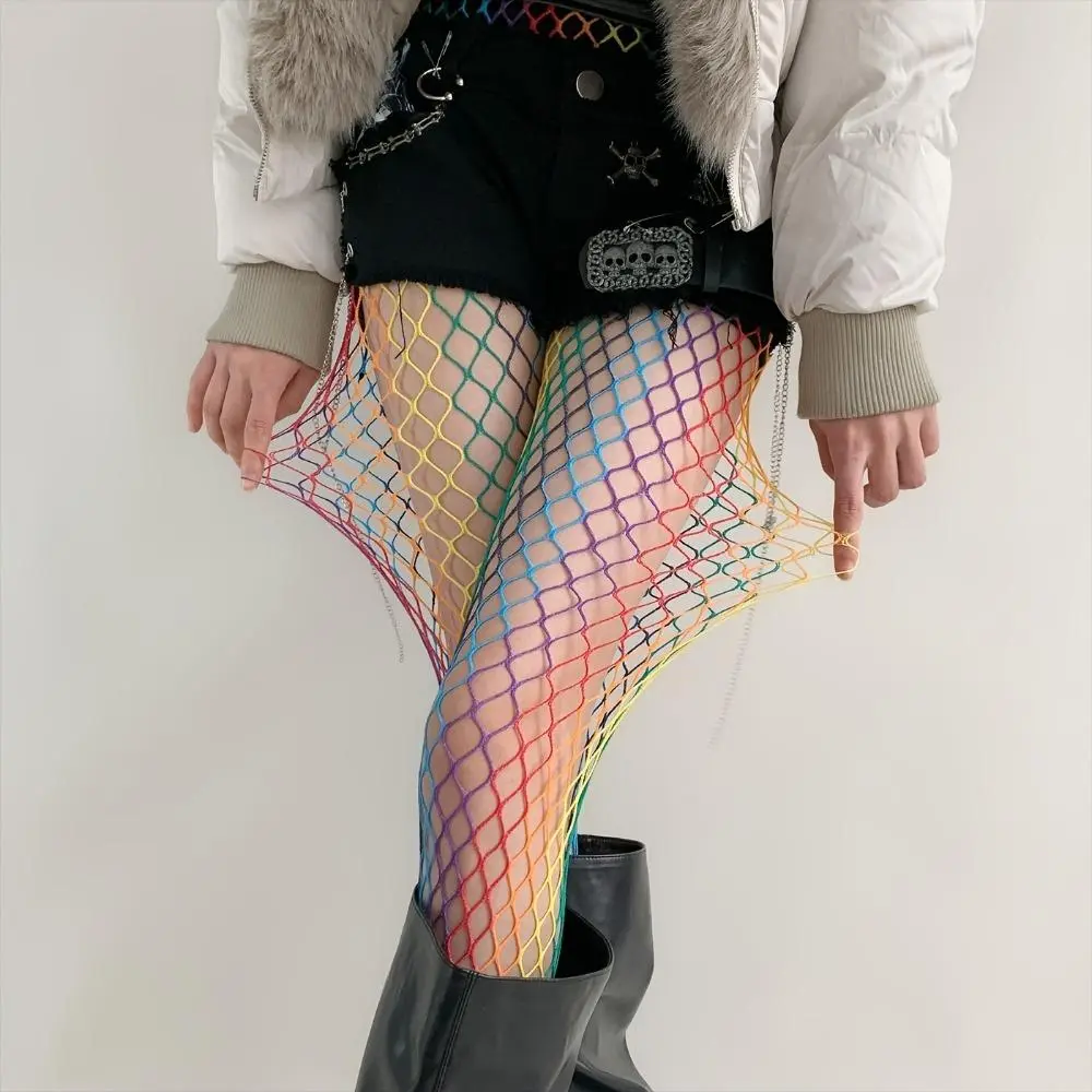 Rainbow Fishnet Tights, Trendy Plus‑Size Sheer Mesh Stockings, Elegant Versatile Party Fashion Pantyhose for Night Out & Festival Occasions