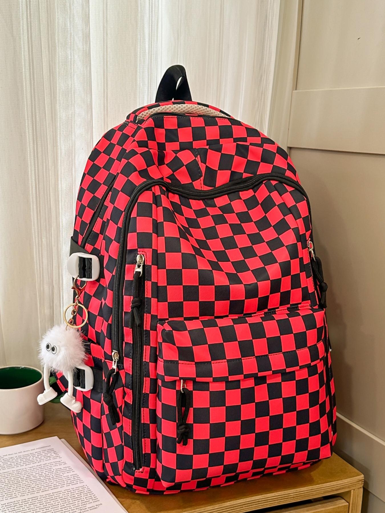 1pc  Women's backpack with large capacity, zipper closure, checkered pendant, fashionable and versatile, suitable for students to go to school, campus, go to work, commute, women's backpack, Plaid Pattern Backpack