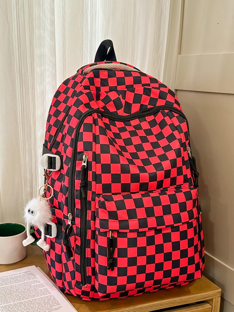 1pc  Women's backpack with large capacity, zipper closure, checkered pendant, fashionable and versatile, suitable for students to go to school, campus, go to work, commute, women's backpack, Plaid Pattern Backpack