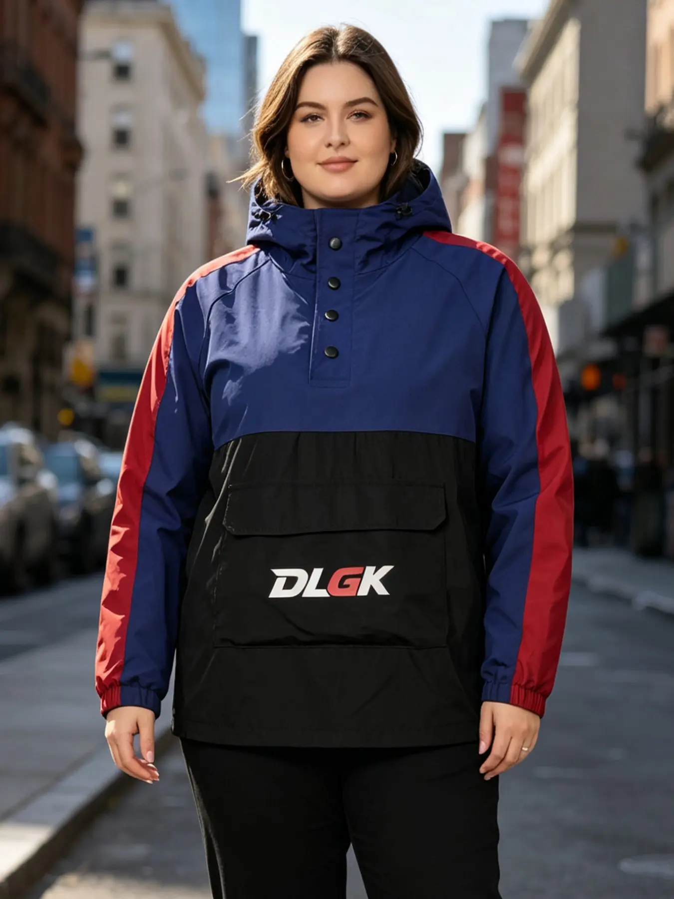DLGK Women's Plus Size Color Block Windbreaker Jacket - Hooded Half Snap Pullover Anorak with Kangaroo Pocket, Casual Outdoor Coat for Hiking Travel Camping Commute, Spring Fall Outerwear