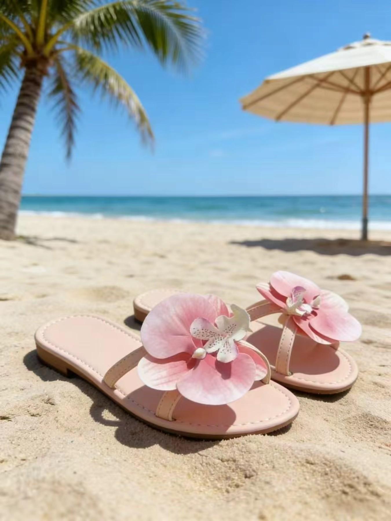 Women's Butterfly Orchid Flower Sandals, Summer Floral Beach Flip Flops, Cute Vacation Slippers, Comfortable and Stylish Footwear