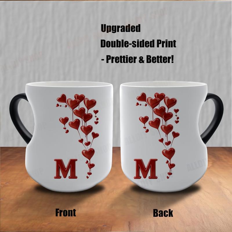 Color Changing Mug A-Z Initial Heart Coffee Cup, Thermosensitive Ceramic Mug with Heart-Shaped Handle, 11 Oz/330 Ml, Valentine's Day Gift