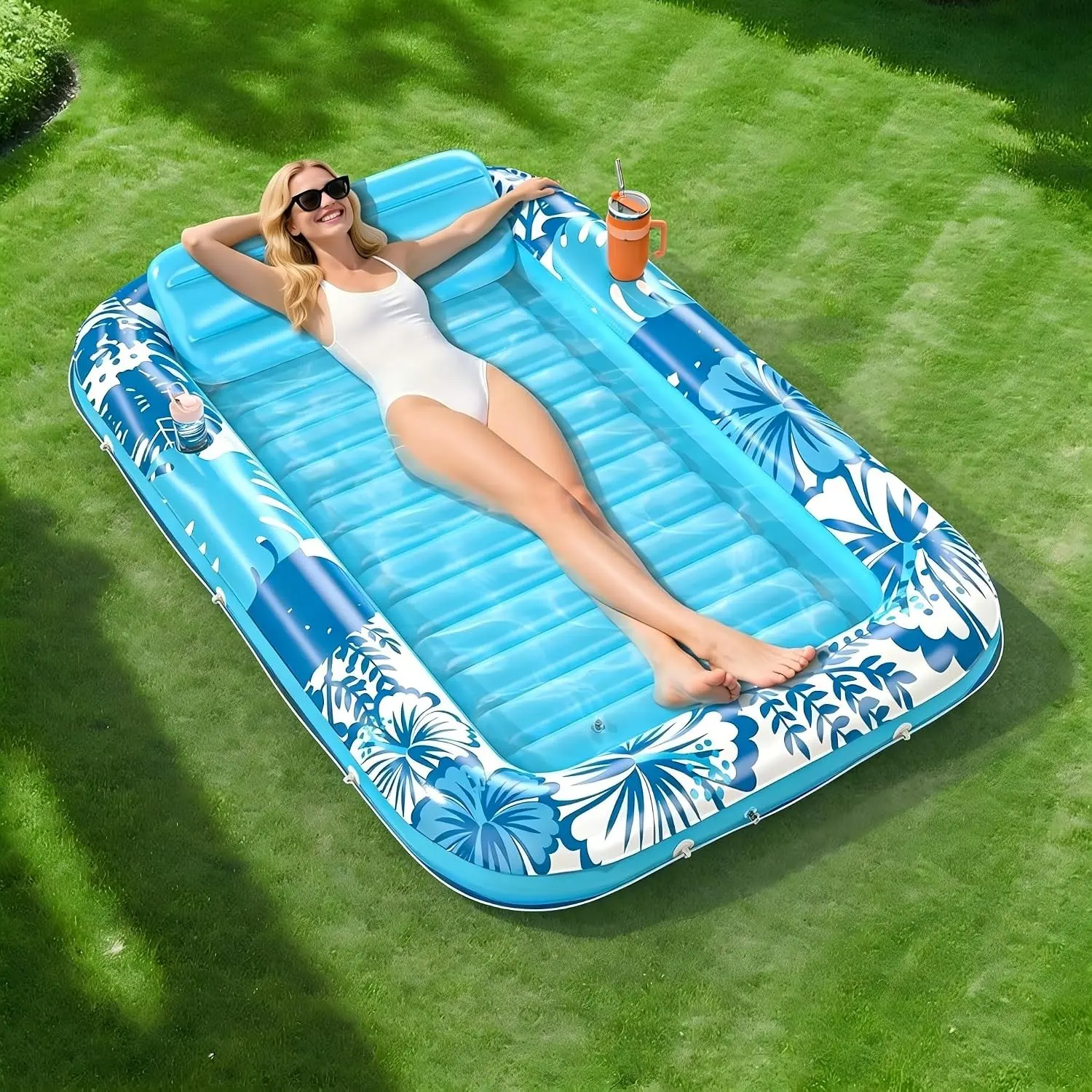 Pet Inflatable Sun Lounging Pool Raft, 70"x46" Blow-Up Raft with Pillow, 6-in-1 Suntan Tub Lounger Floatie for Cats, Blue Party Gift