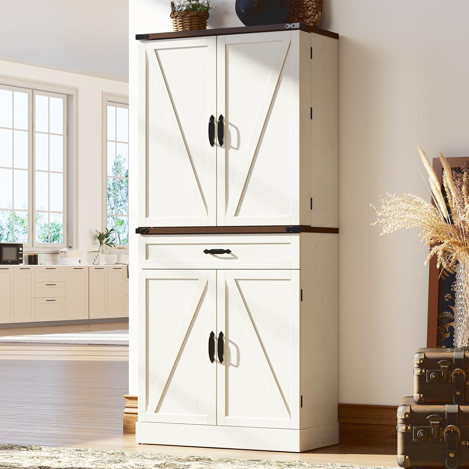 71" Tall Kitchen Pantry Cabinet with 3 Drawers, Farmhouse Storage Cabinet with 6 Barn Door Shelves,with Load-Bearing Steel Pipe and Adjustable Shelves,Pantry Organizer for Kitchen,Living Room(White/Brown)