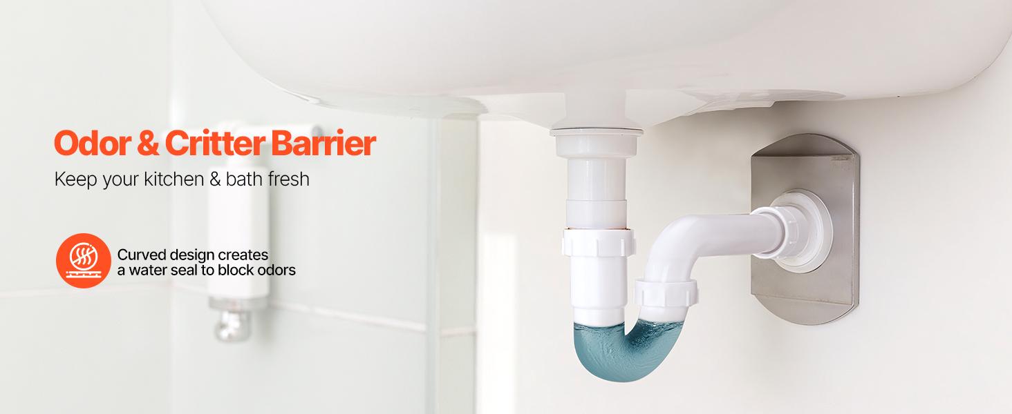 VEVOR 1.5 in Curved Shape P-Trap Plumbing Kit, PP Plastic Sink Drain Pipe with Threaded Adapter, TPU Leakproof Gaskets, Corrosion-Resistant, Odor Blockage, Easy-Install Under Sink Tool Kit for Household Users