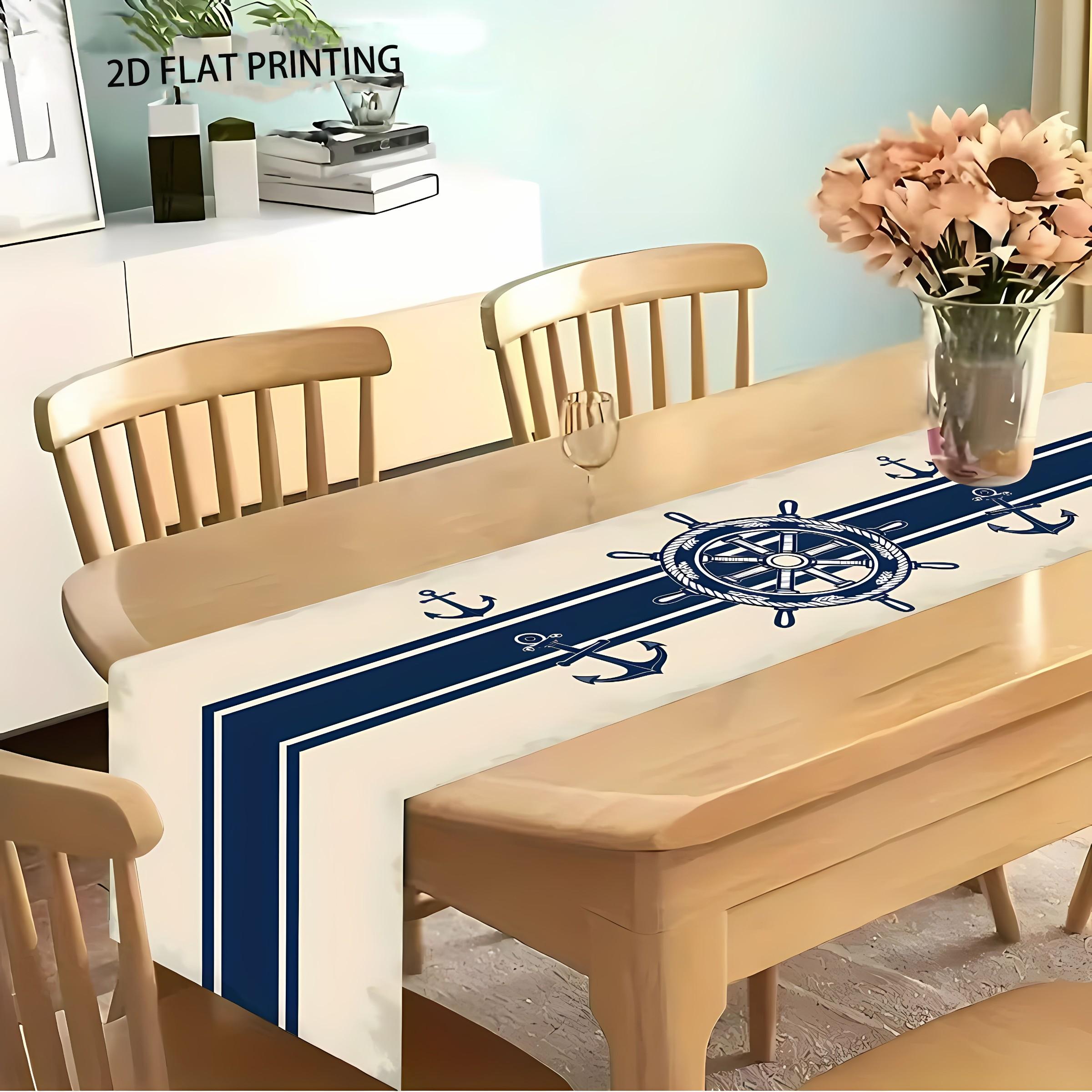 2D flat printing, 1 ship rudder anchor and sailor stripe rectangular table flag, suitable for dining tables, coffee tables, home party decorations, bright cultural decorations in kitchens, parties, and festivals