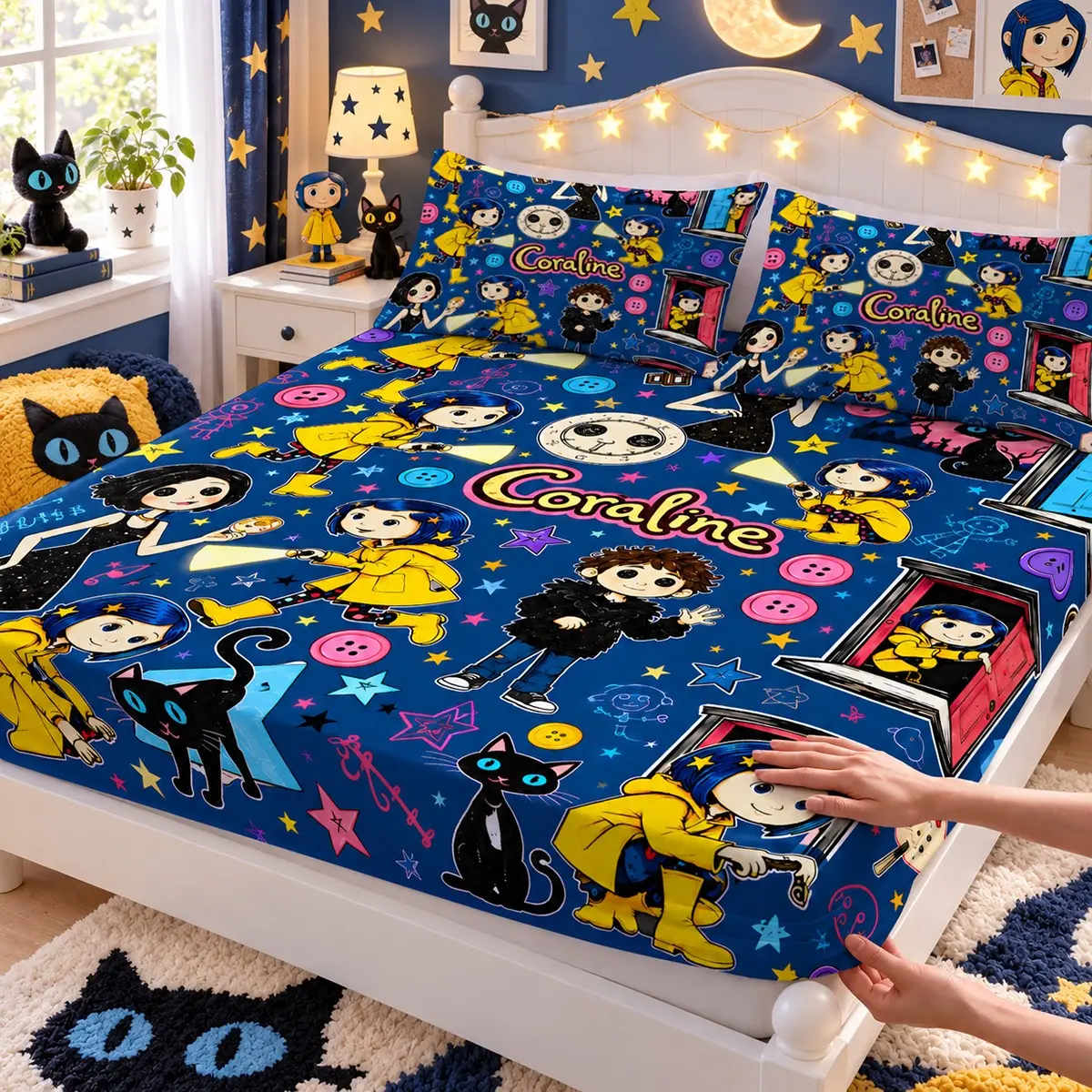 3-Piece *Coraline* Cartoon Collage-Print Bed Sheet Set (includes 1 fitted sheet and 2 pillowcases; comforter and pillow inserts not included) — perfect for home or dorm decor, and an excellent holiday gift.