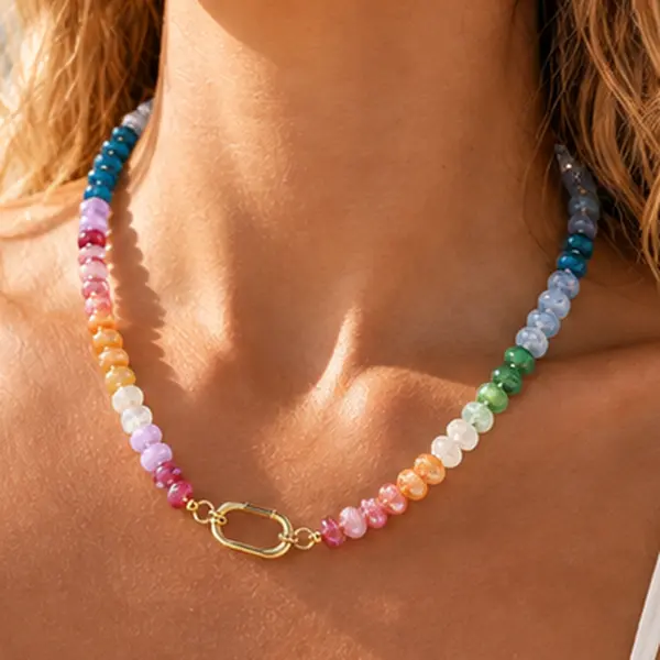 Colorful Beaded Necklace for Women, 17.3" Rainbow Bead Choker Necklace with Detachable Gold-Tone Oval Clasp, Trendy Short Layering Necklace, Colorful Jewelry Gift for Women