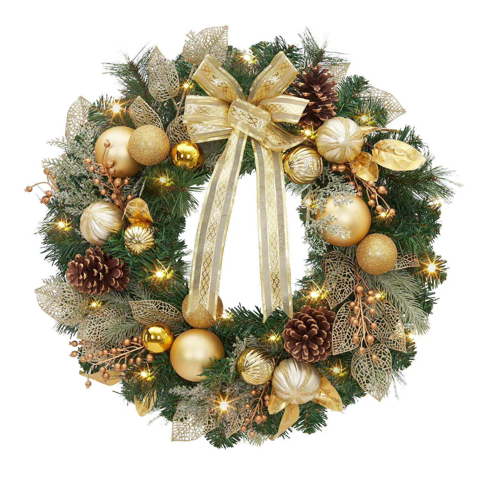 L. 18/24 Inch Luxury Golden Christmas Wreath with Metallic Ornaments, Mesh Leaves, Pinecones & Bow, Premium Artificial Wreath for Grand Entryway, Hotel Lobby, High-End Home & Holiday Wall Decor
