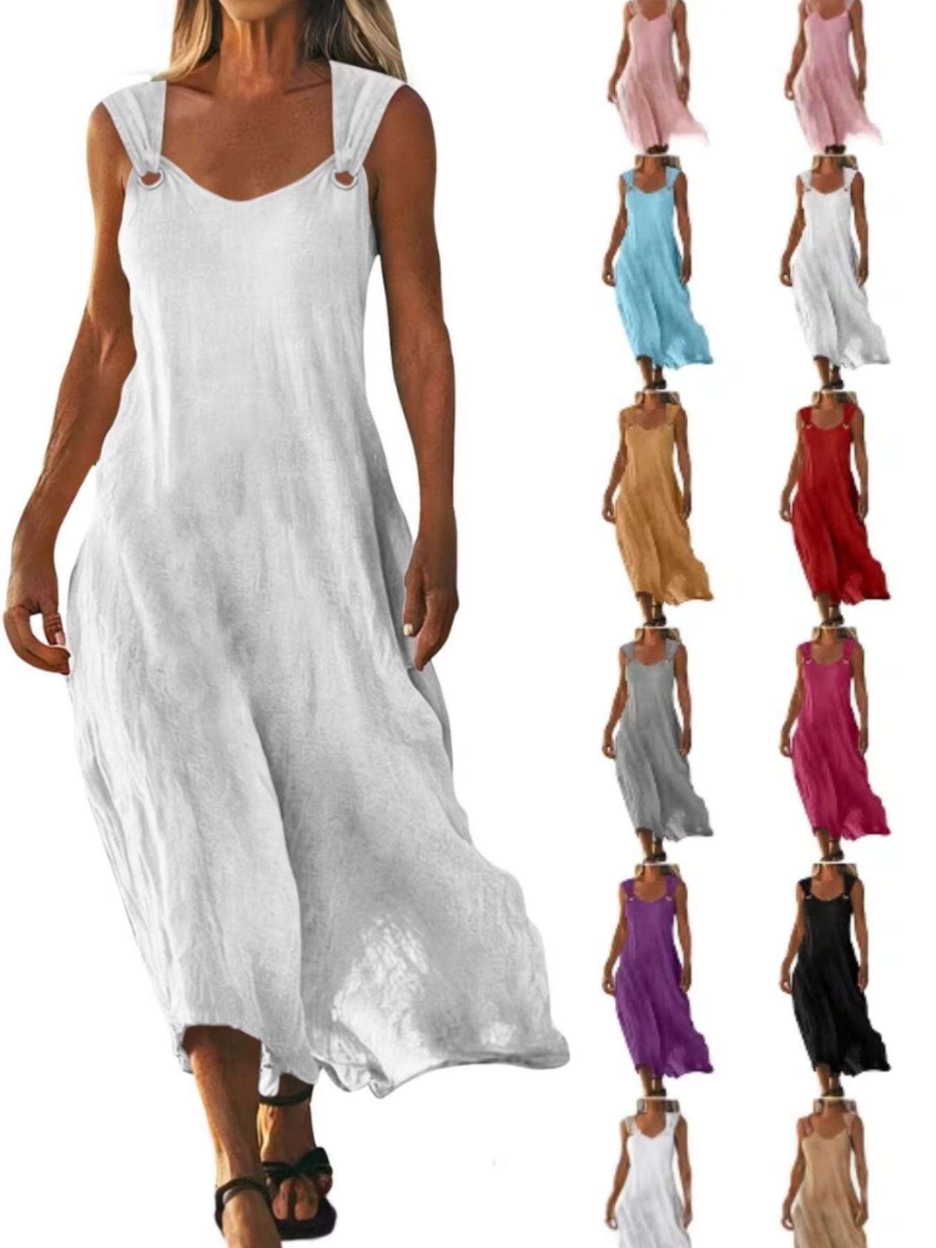 2026 Women's Dress, Everyday Casual Summer Wear, Womenswear, Elegant Aesthetic V-Neck Design, Metallic Button Detailing, Breathable Lightweight Cotton-Linen Fabric, Sleeveless, Minimalist Style