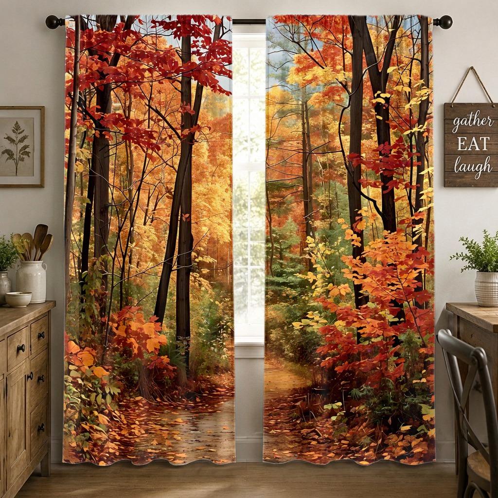 2Pcs Autumn Forest Pathway Window Curtains, Vibrant Fall Foliage Digital Print for Living Room, Bedroom, Study, Hotel, Restaurant Home Decoration, Light Filtering Privacy Protection