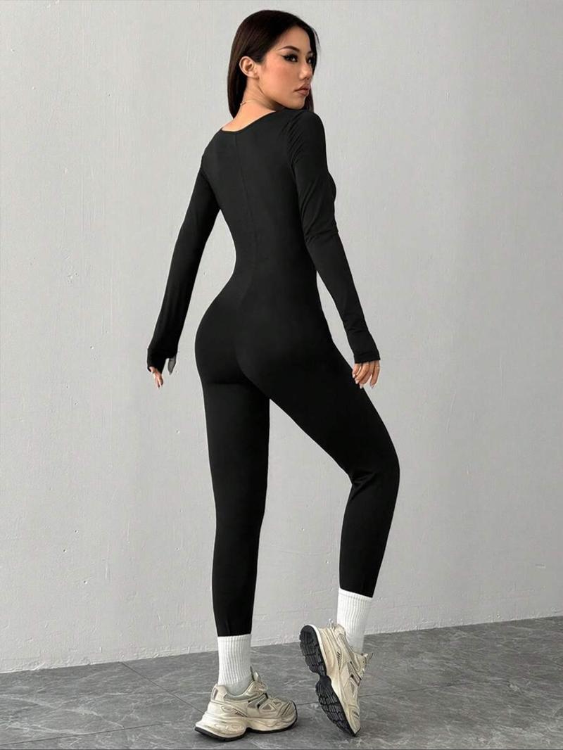 Women's Solid Color Slim Fit Square Neck Unique Design Tight Comfortable Long Sleeve Cuffed Jumpsuit, Casual Fashion All Occasion Wear