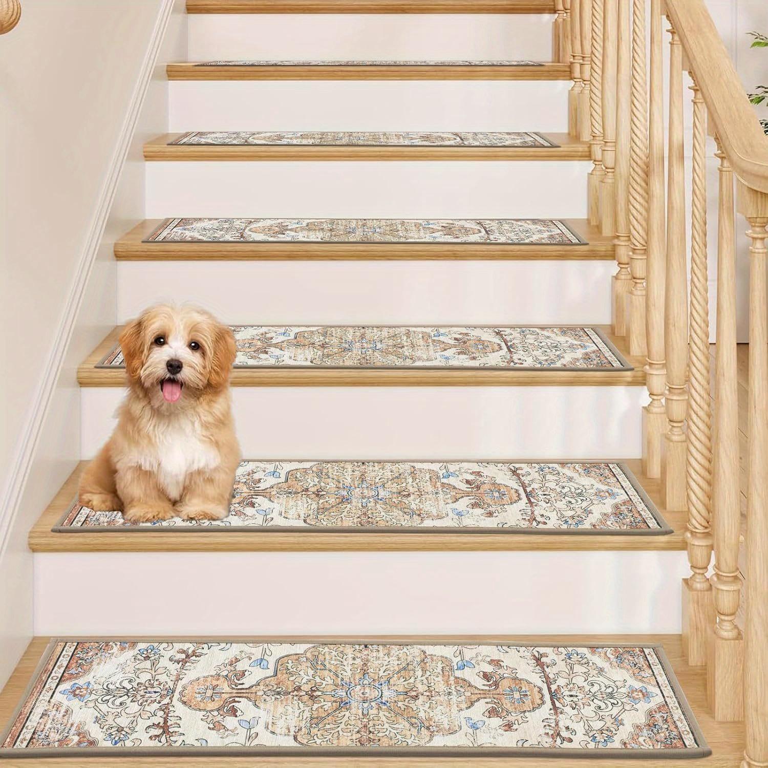 Non-Slip Stair Treads for Wooden Steps, 15pcs Vintage Boho Stair Runners for Indoor Stairs, Washable Non-Skid Carpet Stair Mats for Kids Elders Pets, Beige Bohemian Floral Stair Rugs