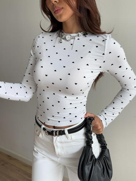 Heart Print Long Sleeve Short Top, Slim Fit Elastic Tee, Bottom Heart Pattern, Fashion Y2K Style Shirt, Cute Casual Wear
