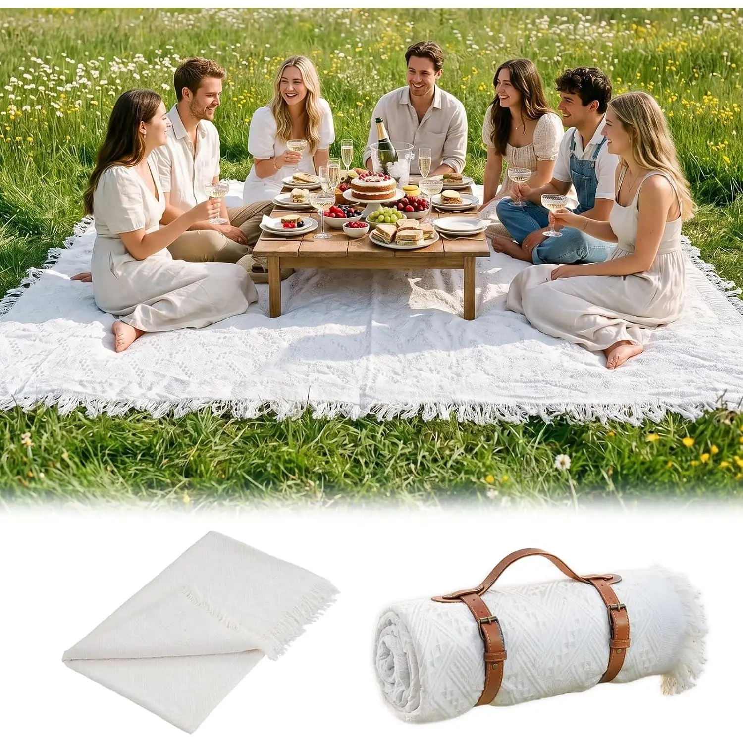 Extra Large Picnic Blanket, 71x134 inch Giant Woven Cotton Yarn Oversized Beach Blanket with Strap for Camping, Machine Washable Huge Outdoor Rug Fits 7-10 Adults