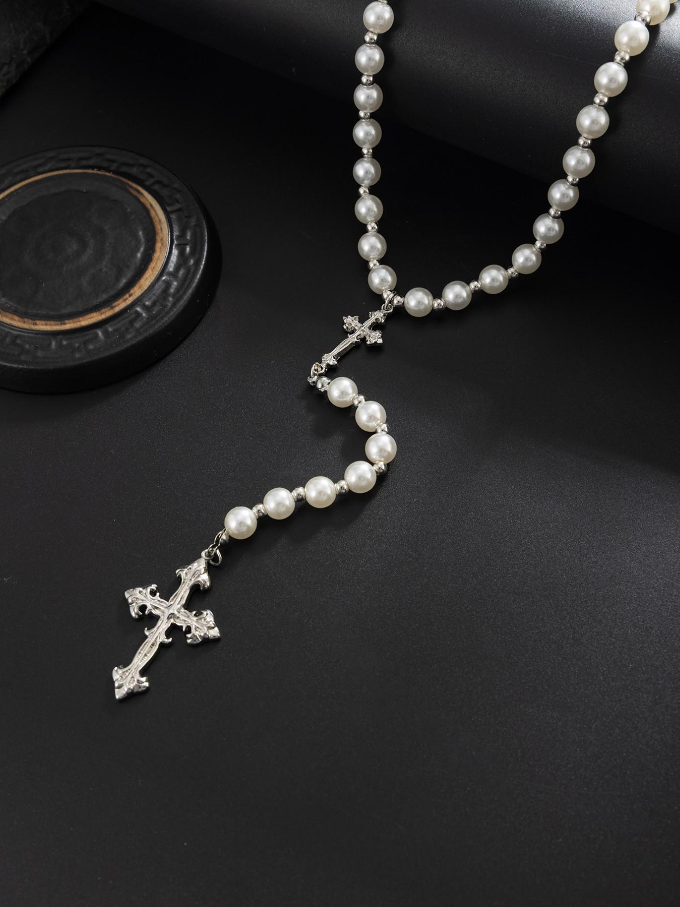 American Vintage Cross Pearl Y-Shape Necklace, Antique Silver Color Pendant, Hip-Hop Men's Accessory, Subculture Fashion Jewelry