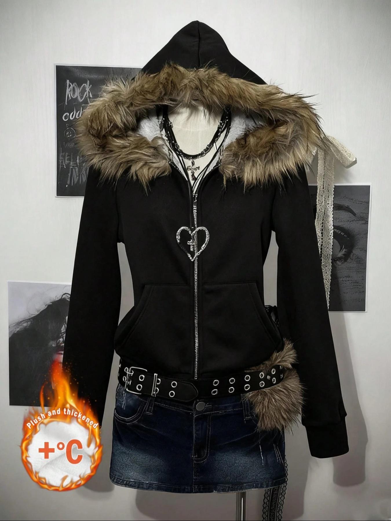 Y2K Gothic Black Faux Fur Hooded Solid Zip-Up Hoodie | Versatile All-Black Fall/Winter Style | Thickened Warm Fabric | Edgy Alt-Style Streetwear | Casual Daily Outfit | Fall/Winter Thermal Top | Trendy Dark Aesthetic 2000s Style Clothing Women