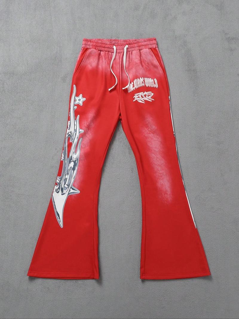 Men's Regular Fit Graphic Print Drawstring Waist Sweatpants, Street Fashion Casual Pocket Trousers for Daily Wear, Men's Bottoms for All Seasons, Flare Leg Pants, Casual Streetwear Trousers