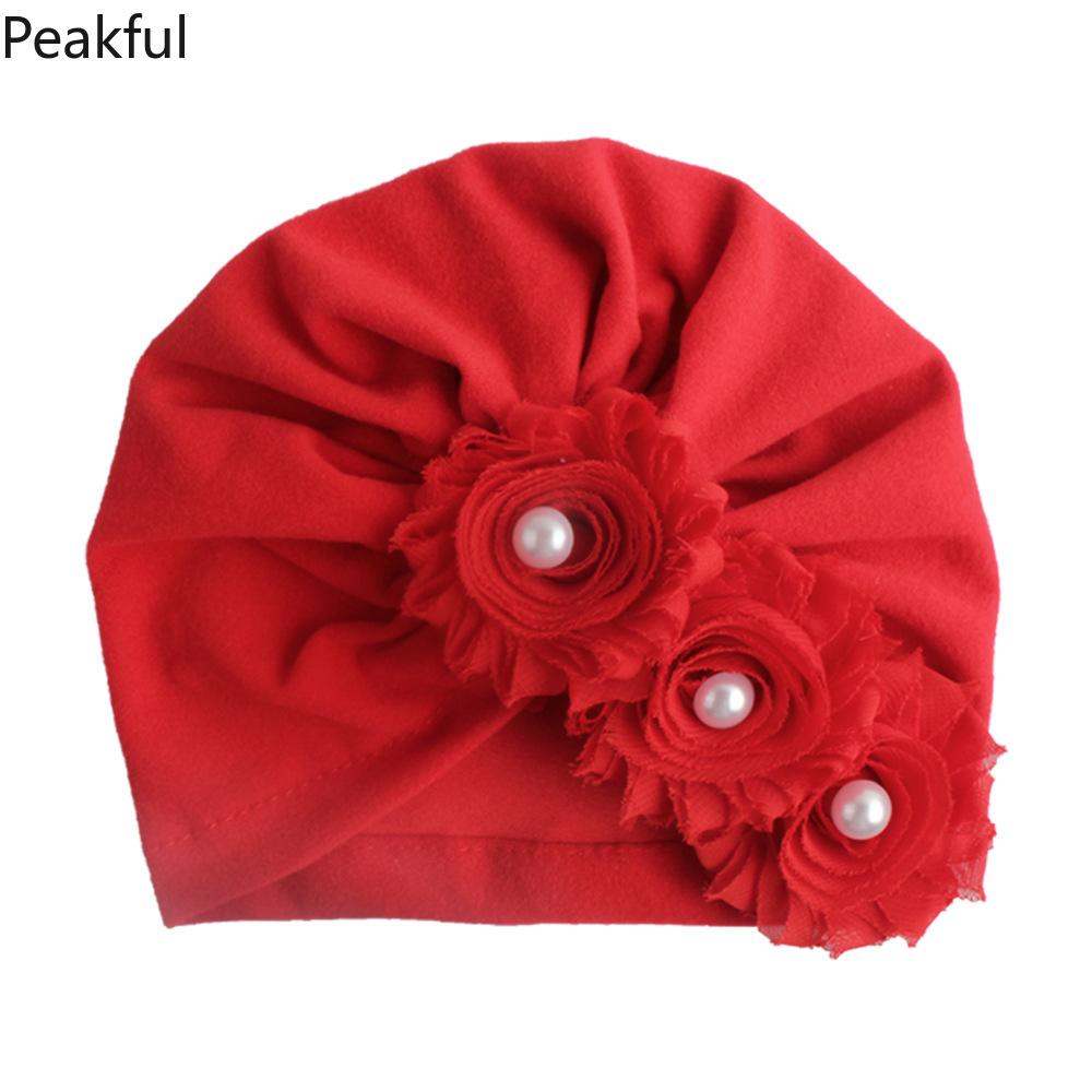 Kids Floral Pearl Decor Turban Hat, Popular Soft Cotton Baby Headwear, Elegant Toddler Headwrap, comfortable elastic design & charming flower details, great for casual outings, birthday parties and newborn photography