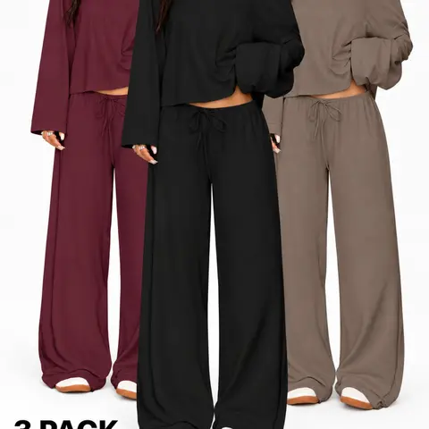 Women's 3 Piece Lounge Set, off Shoulder Long Sleeve Top, Wide Leg Pants, Cozy Casual Loungewear, Multi Color, Fall Winter