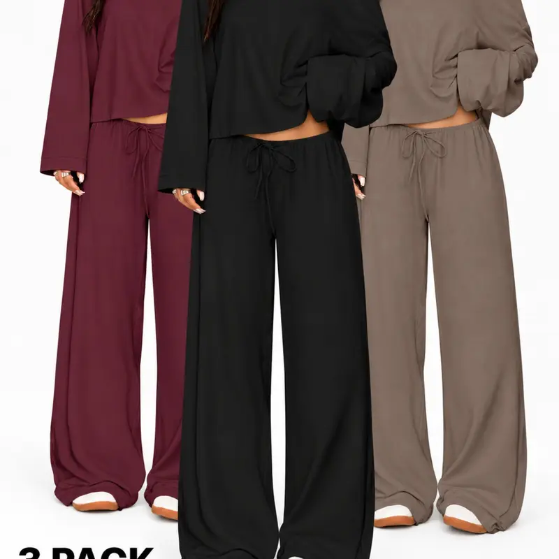 Women's 3 Piece Lounge Set, off Shoulder Long Sleeve Top, Wide Leg Pants, Cozy Casual Loungewear, Multi Color, Fall Winter