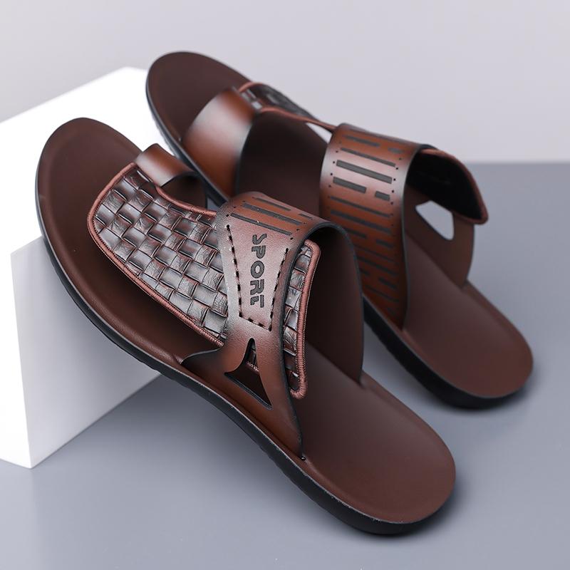 Men's Summer New Sandals, Letter Print Straw Texture, Trendy Anti-Slip Thin Sole, Casual Beach Shoes, Fashionable and Comfortable