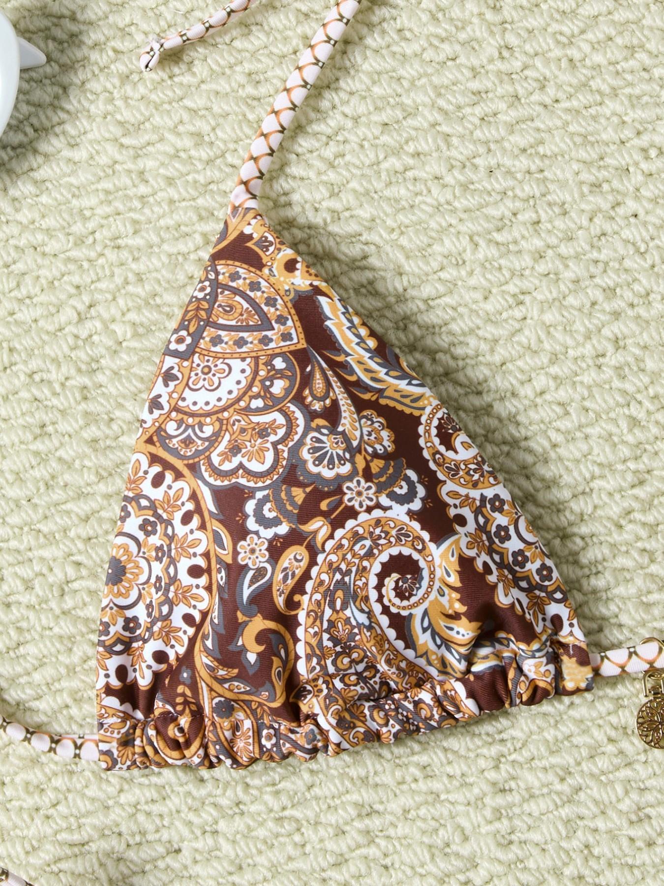 Swim Women's Summer Vacation Beach Paisley Print Swimsuit Halterneck Bikini Set, Random Print