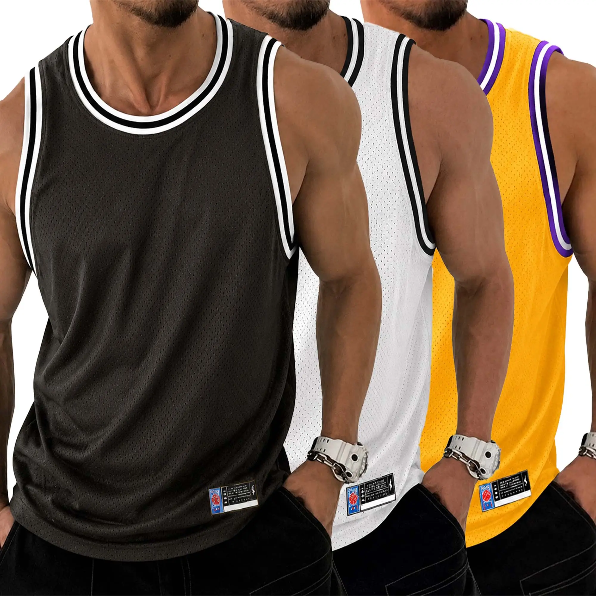 Male Loose-Fit Breathable Mesh Tank Top - Solid/Tri-Color Basketball-Inspired, Drawstring Trim, Machine Washable (Available in 2/3-Packs) - Ideal for Running, Sports, Casual Summer Streetwear
