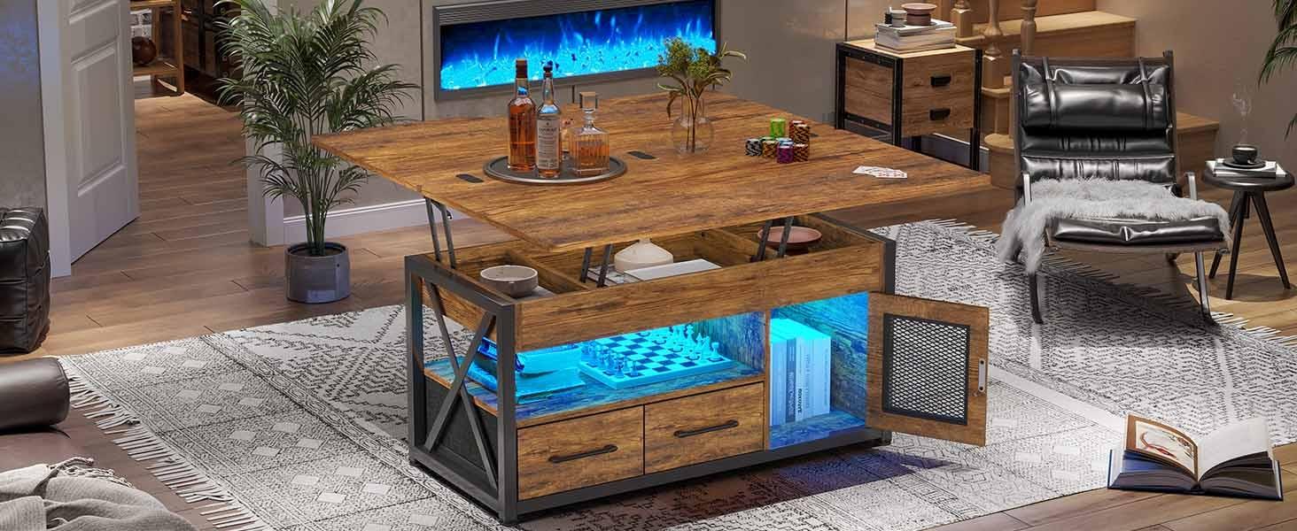 Sikaic 40 Inches 4 In 1 Lift Top Coffee Table With Storage Cabinet 2 Fabric Drawers & LED Light For Dining Room Livingroom Furniture Luxury Modern Interior