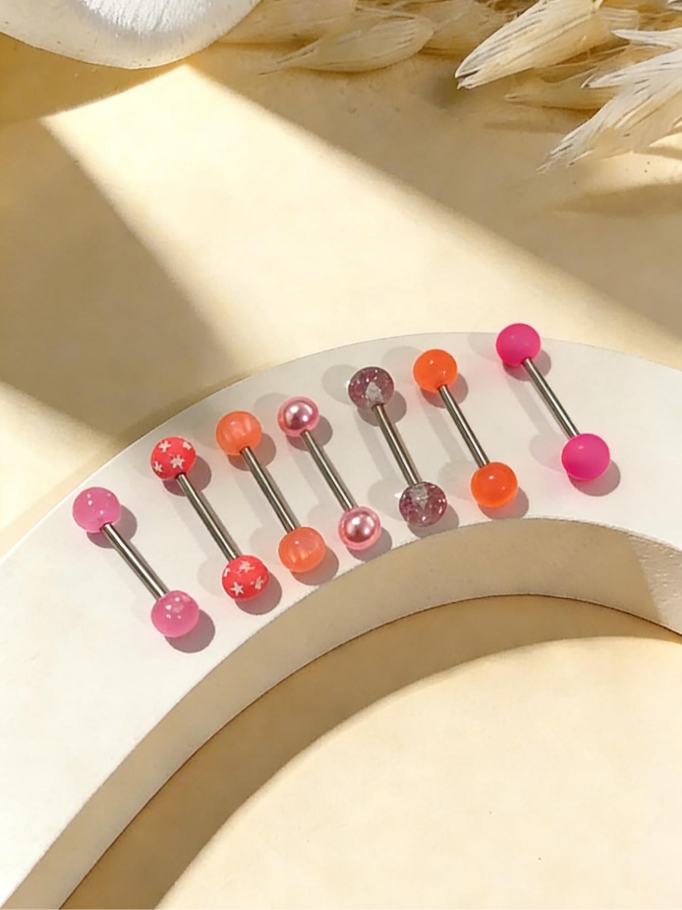 7 Pcs Colorful Round Barbell Tongue Rings, 14g Stainless Steel, Unisex Fashion Jewelry, Comfortable Daily Wear, Trendy Body Piercing Accessories