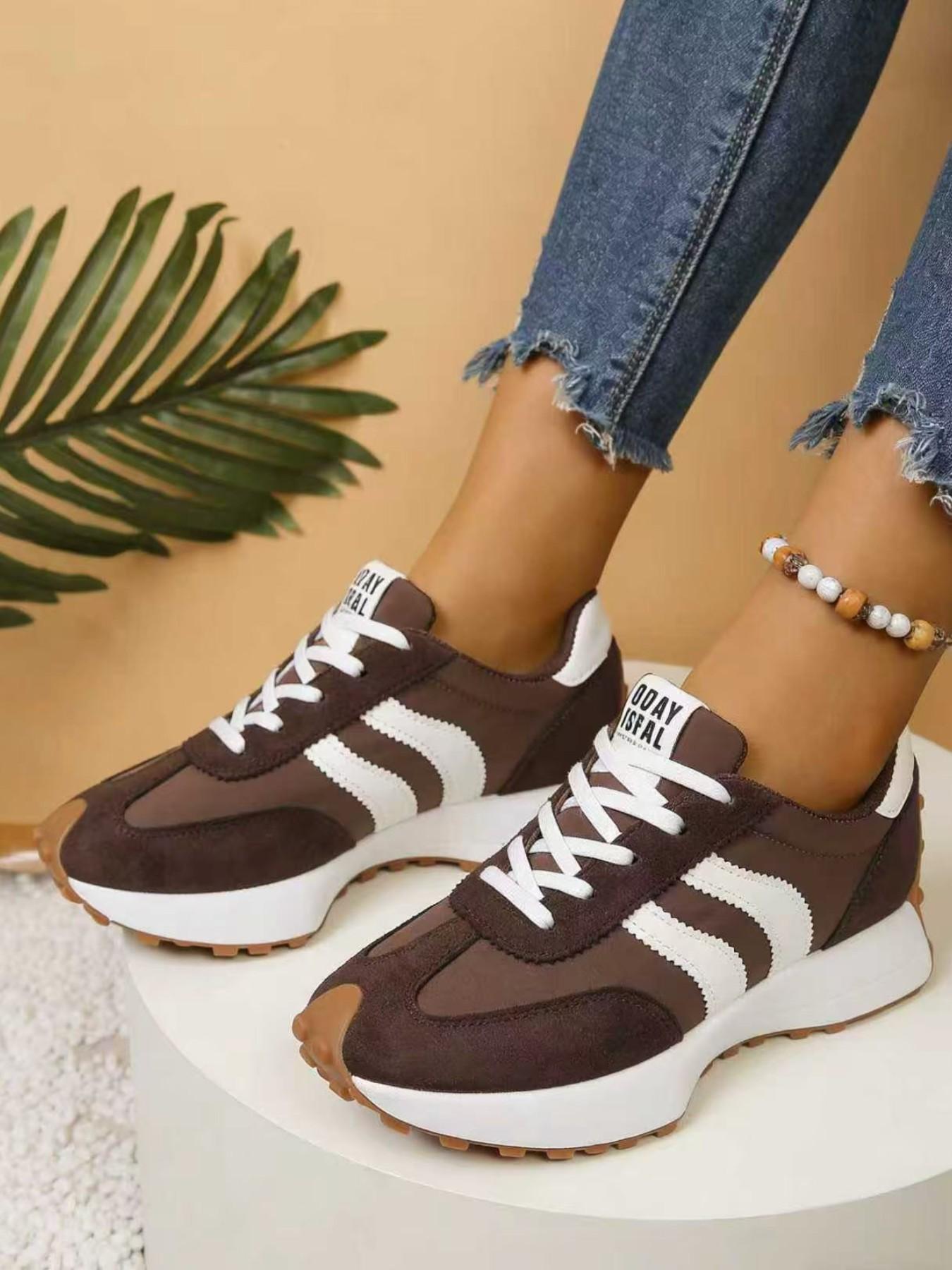 Women's New Spring Autumn Round-Toe Thick-Sole Casual Shoes, Colorblock Lace-Up Breathable Anti-Slip Fashion Sneakers for Outdoor Running and Training