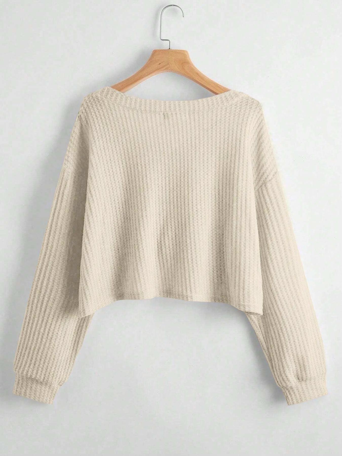 Women's Solid Color V Neck Drop Shoulder Long Sleeve Casual Loose Waffle Knit T-Shirt, Basic Spring & Fall Fashion, Comfortable Fit