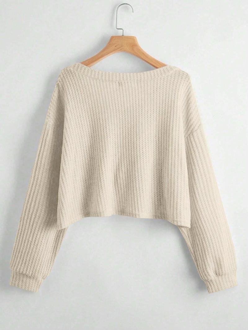 Women's Solid Color V Neck Drop Shoulder Long Sleeve Casual Loose Waffle Knit T-Shirt, Basic Spring & Fall Fashion, Comfortable Fit