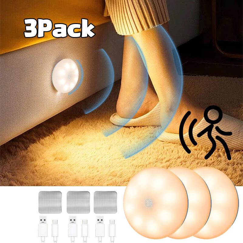 3-Piece LED Motion Sensor Rechargeable Night Light, Home Decor Lighting, Round Night Lighting, Ideal for Bedroom, Kitchen, Hallway, Closet, Bedside, Office Space