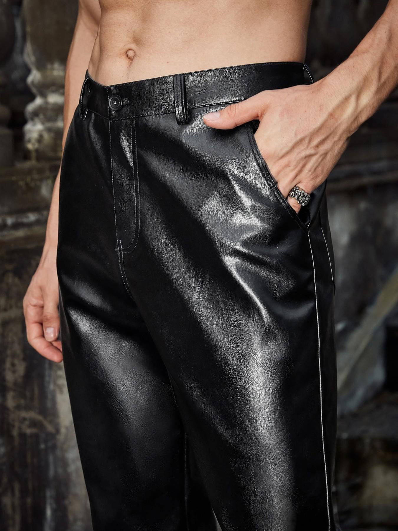 Men's Glossy PU Leather Straight Leg Pants, Motorcycle Style Streetwear Slim Fit, Fashionable Long Pants for Daily Wear