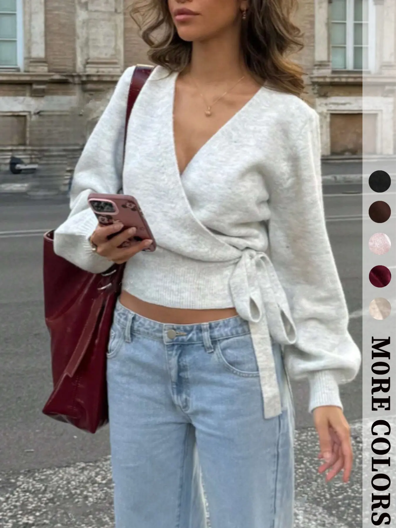 French V-Neck Cross Wrap Knit Sweater, Side Tie Short Lantern Sleeve Knit Top, Elegant Plain Design, Women's Casual Fashion Top