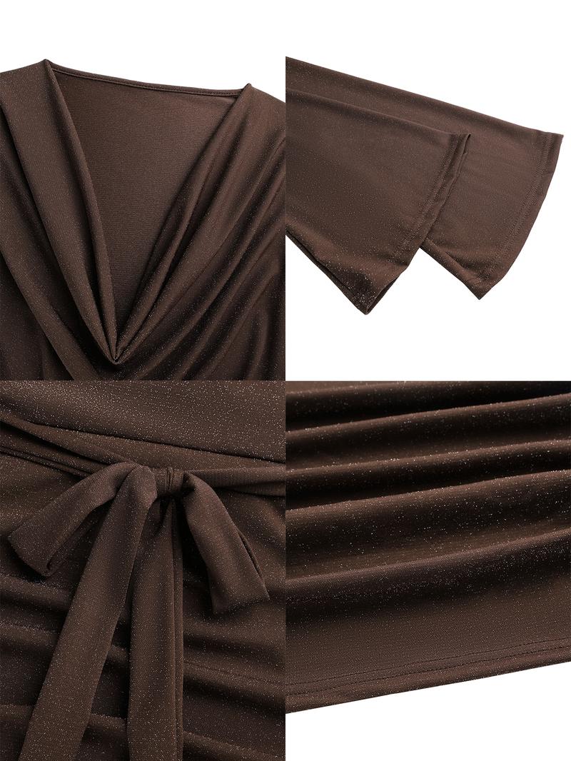 Sexy Draped Neck Flare Sleeve Tie Waist Ruched Party Mini Dress With Glitter Knitted Fabric, Elegant Sexy Casual, Wedding Guast, Halloween Day, Christmas Day, Fall/Winter Clothes For Women