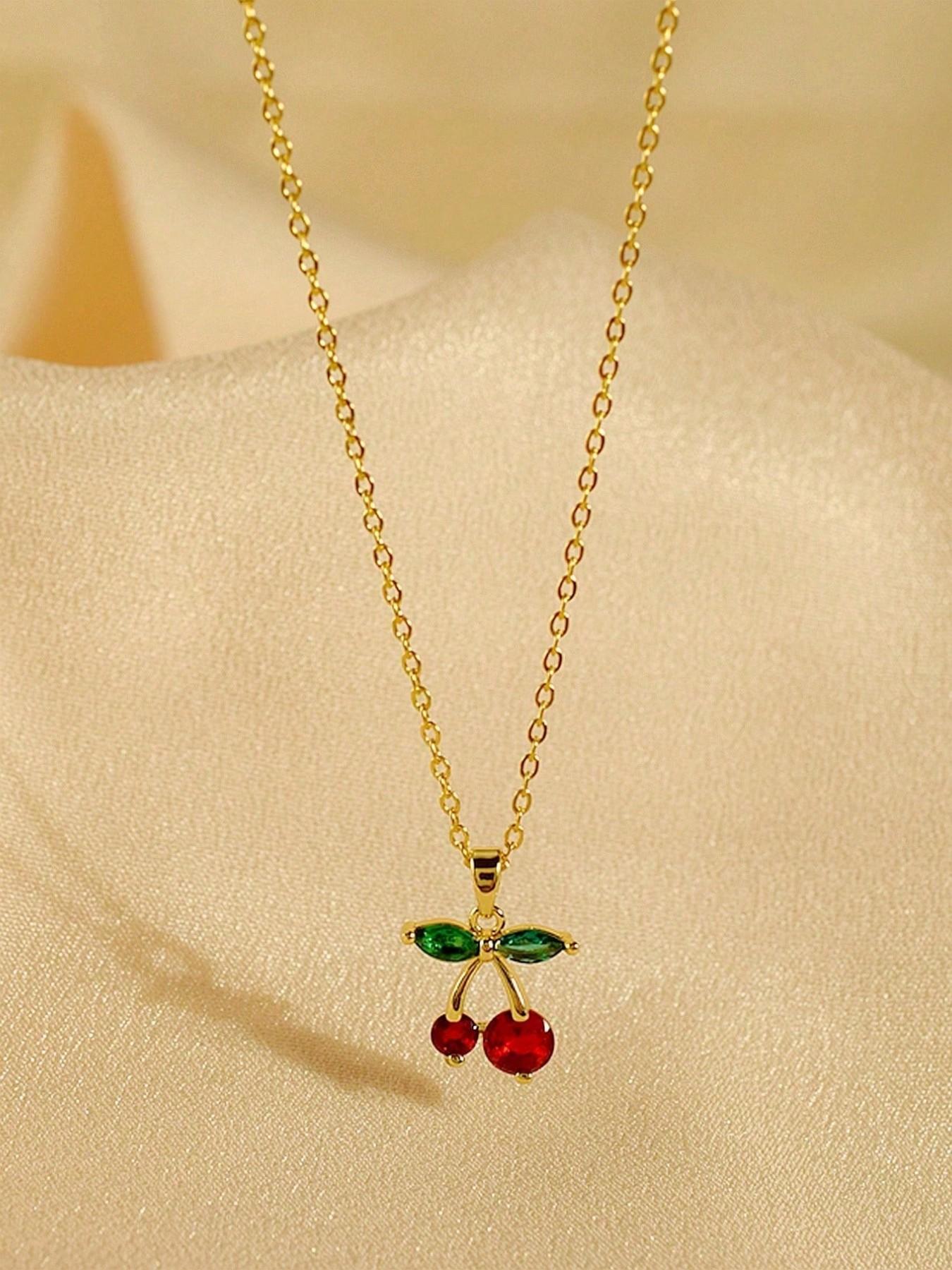 Cute Fashion Crystal Cherry Copper Pendant Stainless Steel Necklace, Valentine's Day Gift Jewelry for Women, All Seasons Wear