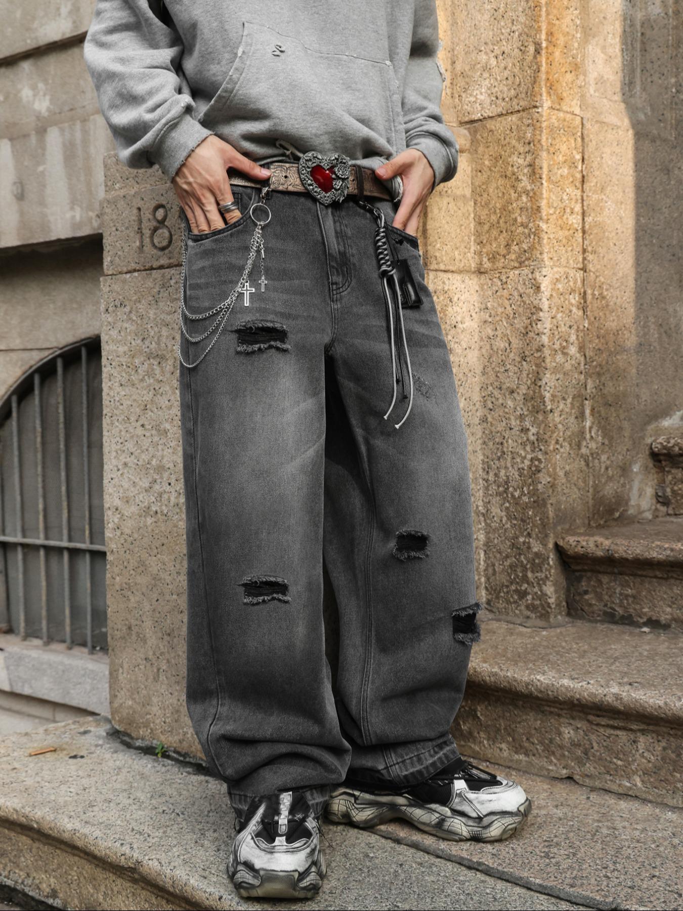 Men's Washed Loose Fit Jeans, Distressed Straight Leg Denim Jeans, Y2K Vintage Street Style, All Seasons, Perfect Gift for Boyfriend/husband, Streetwear