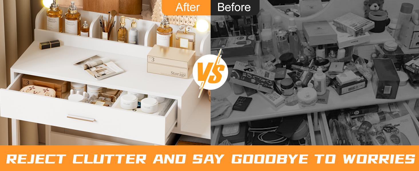 Makeup Vanity Desk with Mirror & Lights | 4 Drawers & 3 Storage Shelves | Adjustable Tri-Color LED Light, Charging Station & Hair Dryer Stand Modern Furniture