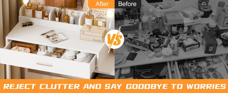 【Valentine's Day gift】Makeup Vanity Desk with Mirror & Lights | 4 Drawers & 3 Storage Shelves | Adjustable Tri-Color LED Light, Charging Station & Hair Dryer Stand Modern Furniture