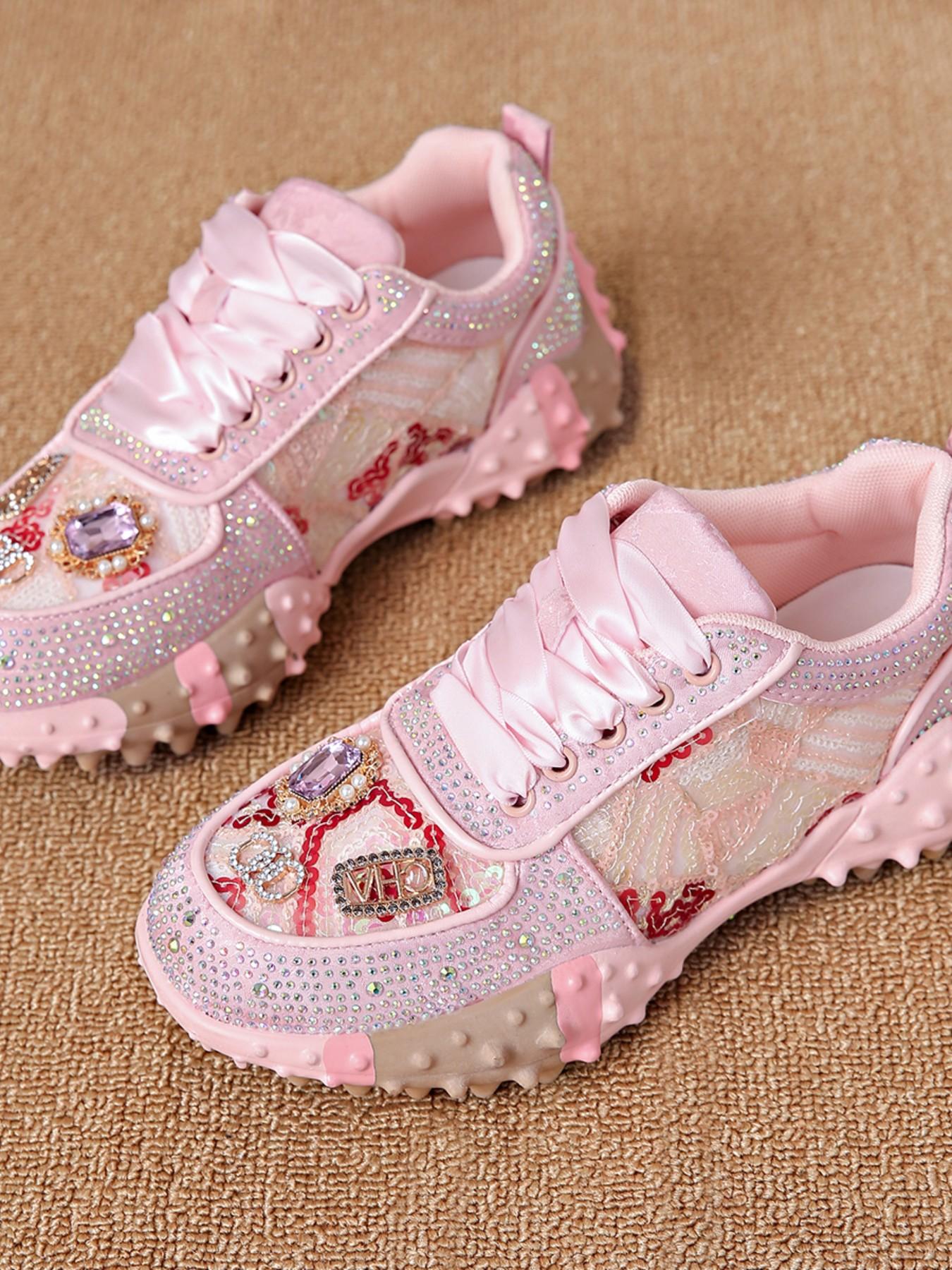 Women's New Rhinestone Dad Shoes, Mesh Breathable Water Drill Thick Sole Height Increase Casual Sports Shoes