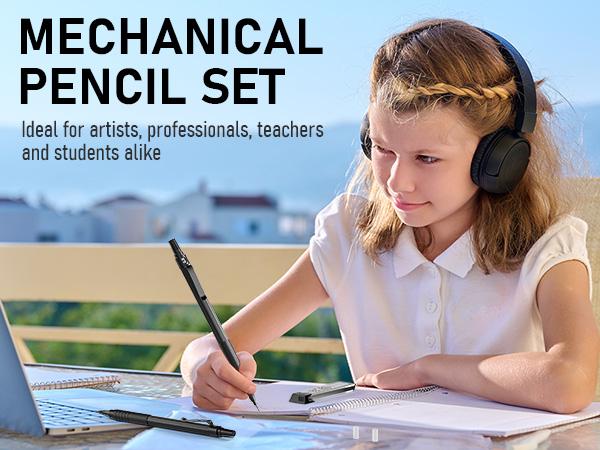 Nicpro Black Art Mechanical Pencil Set, 5Pack Metal Drafting 0.3, 0.5, 0.7, 0.9, 2mm Lead Holder (4B 2B HB 2H Colored) with 9 Refills Eraser Case