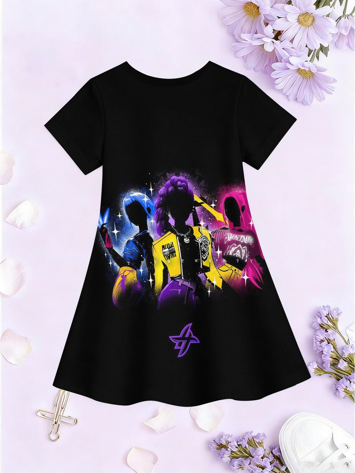 Trendy Girls' Dark Starry Print A-Line Dress, Cool Group Style Short Sleeve Dress, Fashion Outdoor Wear, Birthday & Holiday Gift