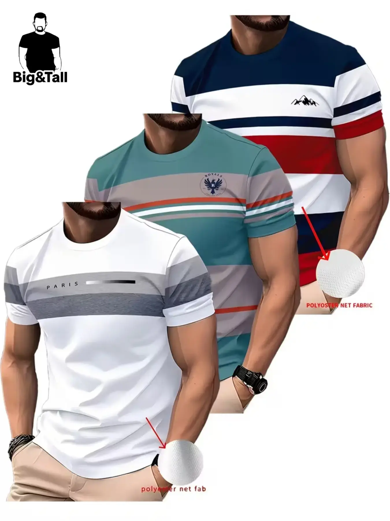 3-Pack Plus Size Men's T-Shirts, Lightweight Polyester, Relaxed Fit, Casual Round Neck, Short Sleeve, All-Over Print, Summer Fashion, Perfect Gift, Casual Summer Clothing, Casual Menswear